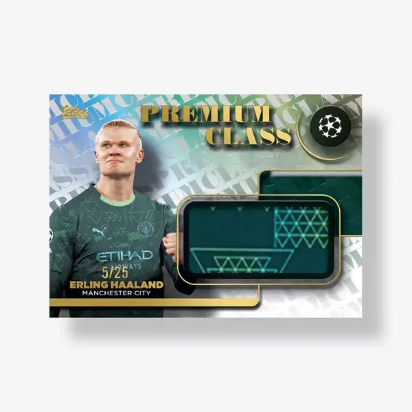 karta limnitowana 5/25 z kawałkiem koszulki Erlinga Haalanda z serii 2025-26 Topps UEFA Club Competitions